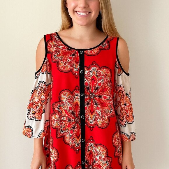 Chico's Red and White Floral Blouse with Graphic Design - Picture 1 of 7